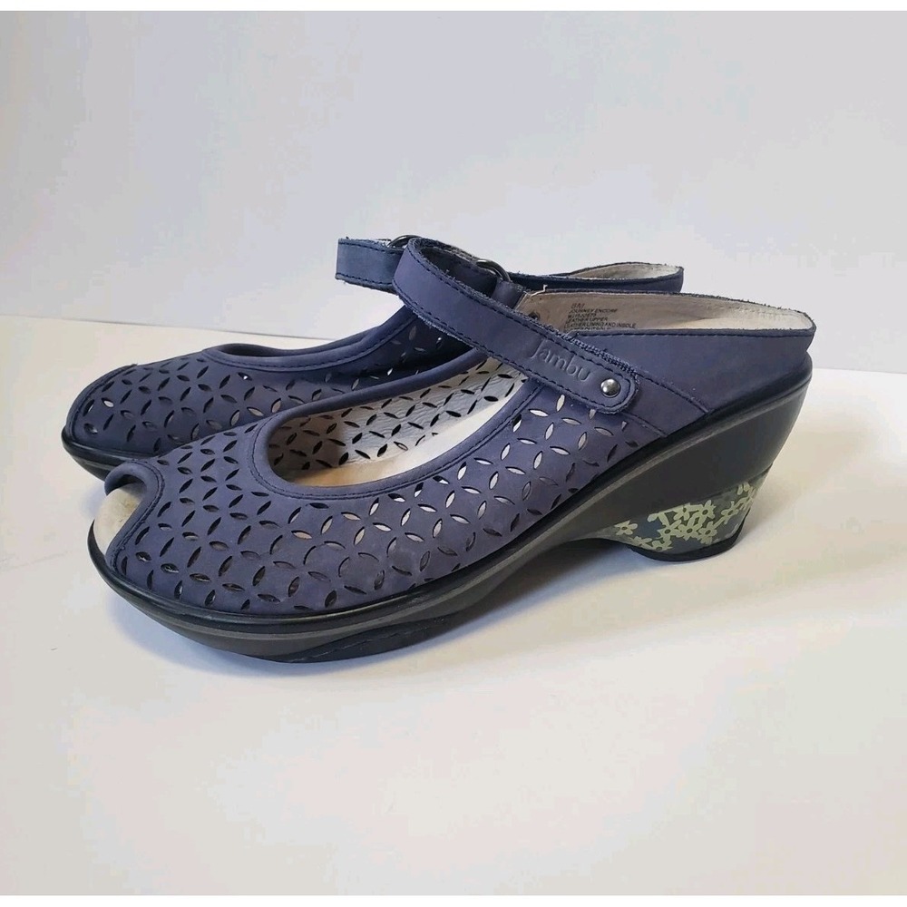 Jambu Journey Encore Wedge Sandals Womens 8M Blue Peep Toe Nubuck Leather